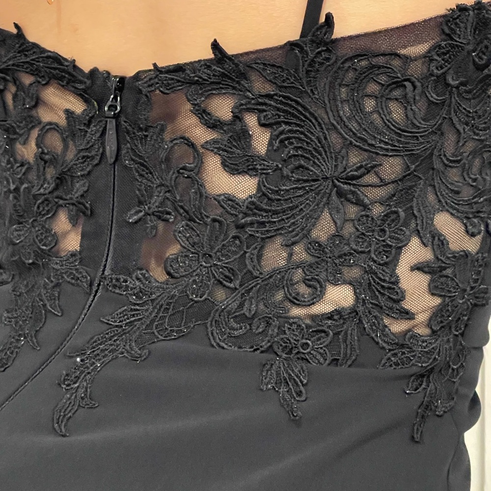 Adornato Couture Cocktail Crepe With Slit And Lace